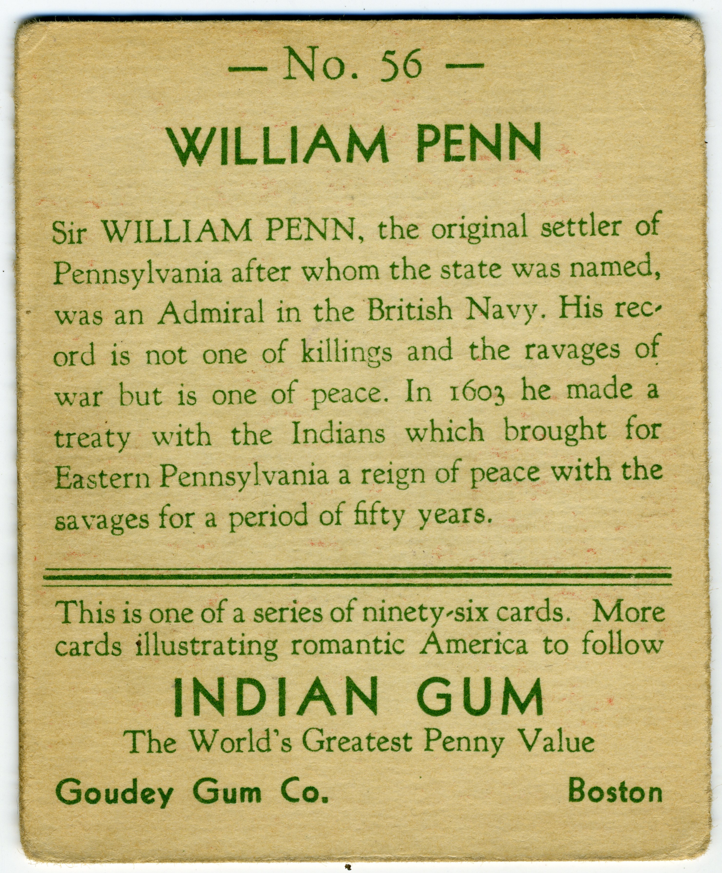Goudey Indian Gum trading card, back